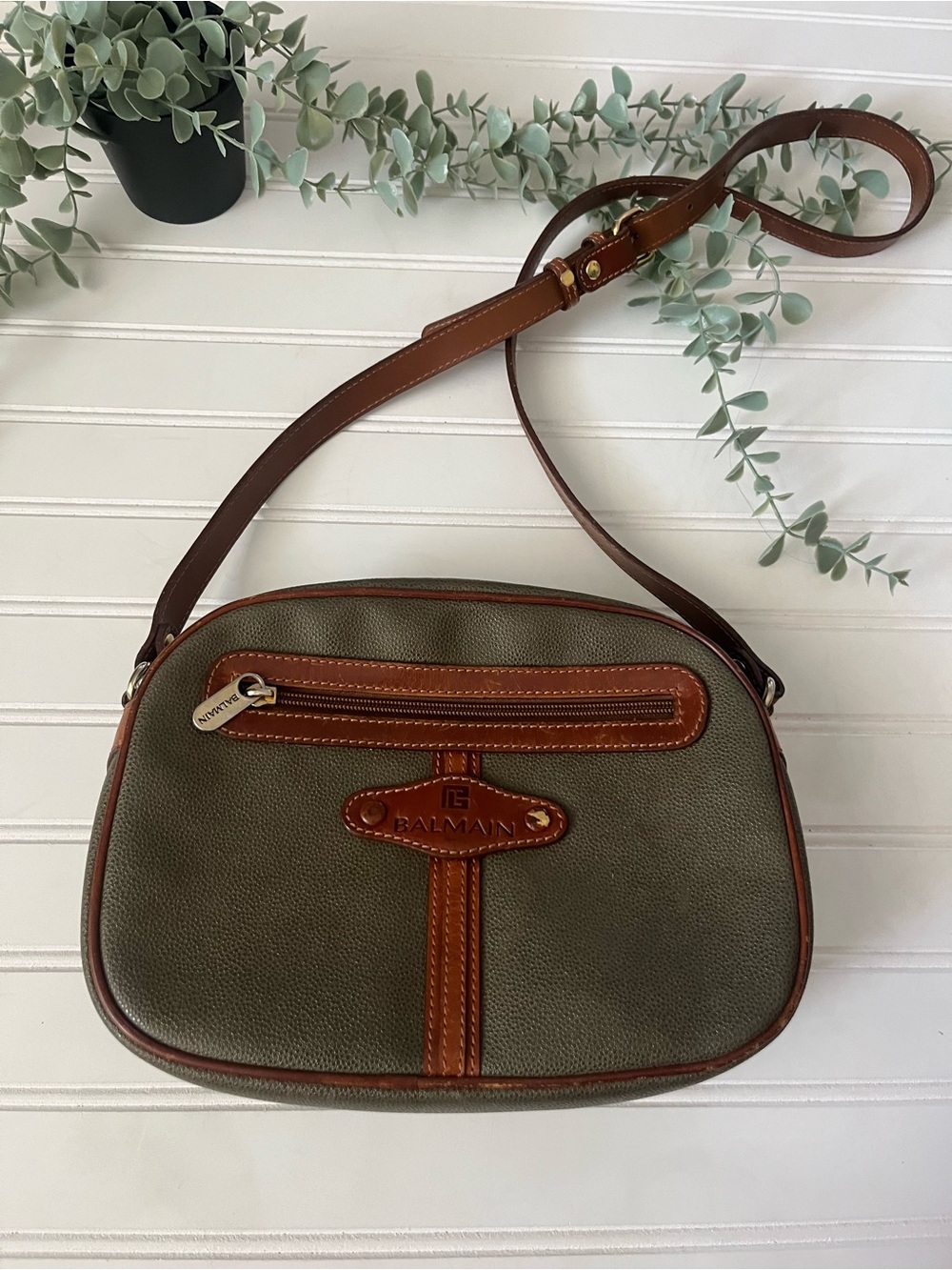 Vintage Pierre Balmain Olive Green and Brown Leather Crossbody Messenger Bag